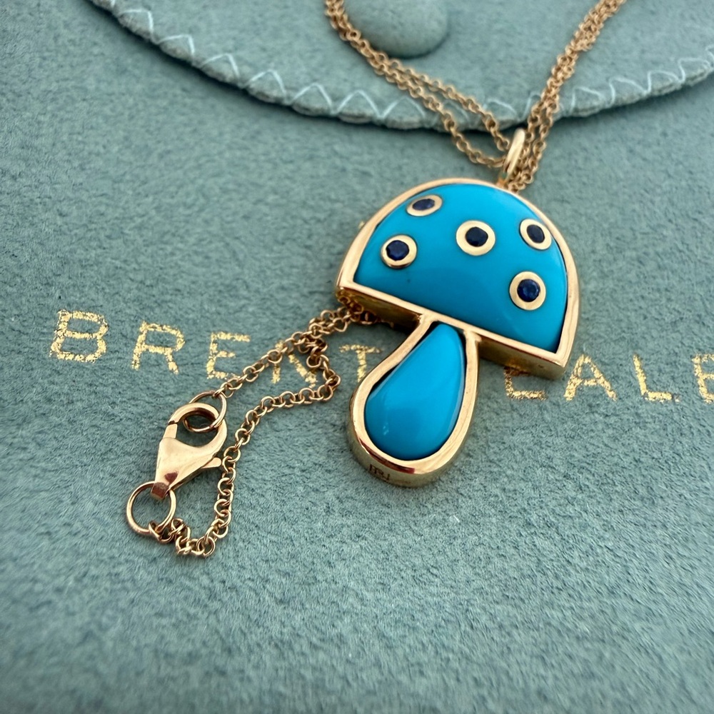 Authentic Brent Neale Turquoise and Sapphire Mini Mushroom Pendant Necklace New